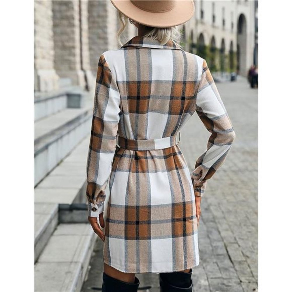Khaki Long Plaid Shacket Jacket Button Down Midi Belted Trench Coat Dress - Picture 5 of 7